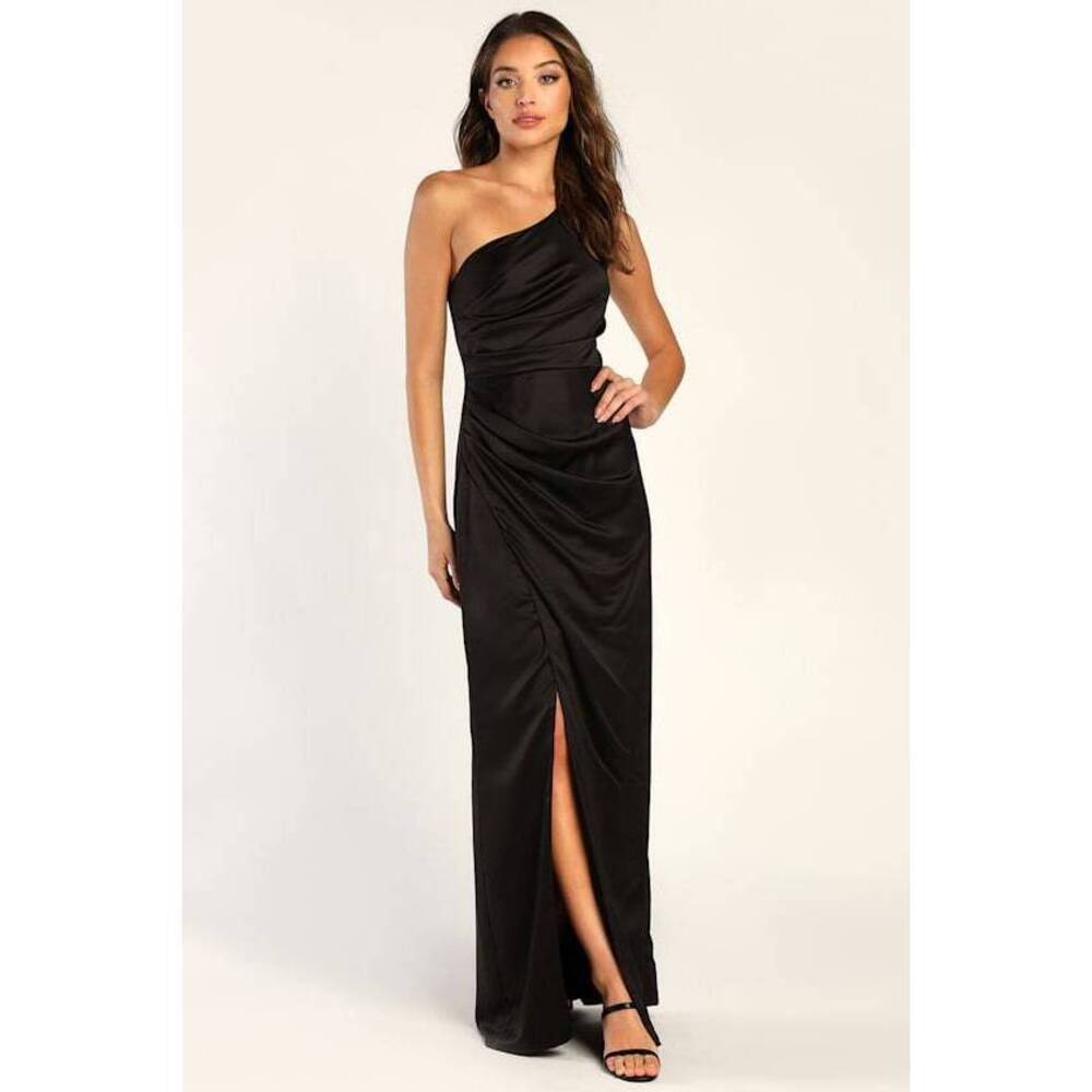 Lulus Dreaming Of Elegance Black Satin One-shoulder Maxi Dress - Size XS